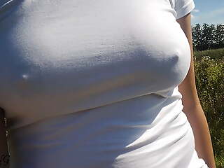 Nice walk without a bra, nipples shine through my white shirt (see through shirt) - tit walk