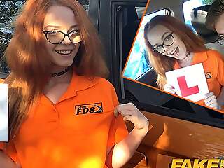 Fake Driving Motor coach fucks his cute ginger teen student in the car and gives her a creampie