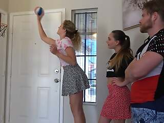 A strip indoor basketball pastime with two hot girls and 1 lucky dude