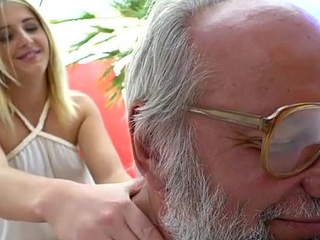Russian blonde hottie Aria Logan give a massage to a grandpa